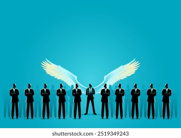 Angelic businessman stands tall among others, with wings spread wide, symbolizing ethical leadership and integrity. A concept for morality, guidance, and positive influence in business