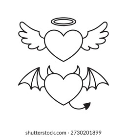 Símbolos de corazón angelical y diabólico con alas y cuernos ilustración en estilo minimalista