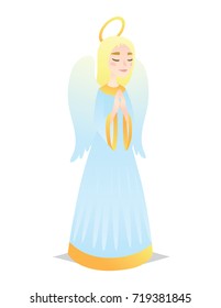 Angelic girl. Cute young woman in style of Angel with wings praying. Vector illustration of spiritual creature in flat cartoon style on a white background. Element for design, prints, greeting card.