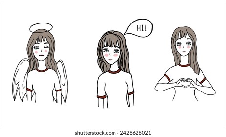 Angelic Girl With Wings Greeting Warmly in Three Expressive Poses