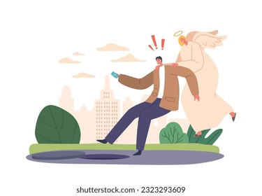 Angelic Guardian Character Descends To Save A Man From A Fatal Fall Into A Dark Hatch, Cartoon Vector Illustration
