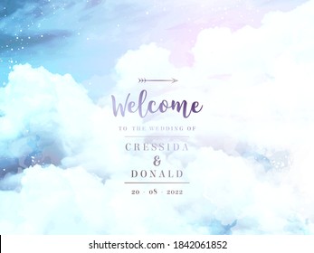 Angelic heaven clouds vector design background. Glamour fairytale backdrop. Plane sky view with white snow. Watercolor frozen style texture. Delicate card. Elegant decoration. Fantasy pastel color