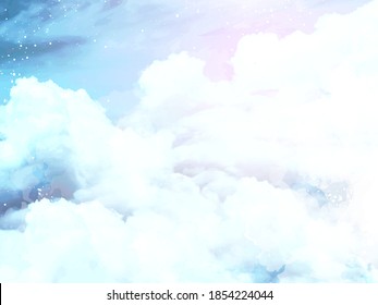 Angelic heaven clouds vector design background. Glamour fairytale backdrop. Plane sky view with white snow. Watercolor frozen style texture. Delicate card. Elegant decoration. Fantasy pastel color