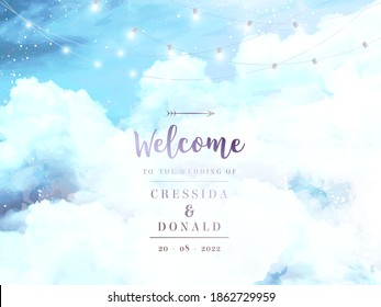 Angelic heaven clouds vector design background. Glamour fairytale backdrop. Plane sky view with white snow. Watercolor frozen style texture. Delicate card. Elegant decoration. Fantasy pastel color