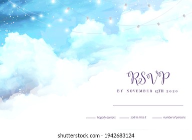 Angelic heaven clouds vector design background. Glamour fairytale backdrop. Plane sky view with white snow. Watercolor frozen style texture. Delicate card. Elegant decoration. Fantasy pastel rsvp