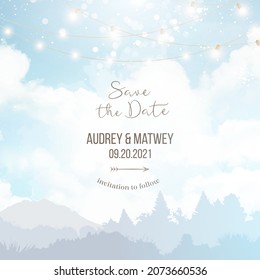 Angelic heaven clouds vector design background. Glamour fairytale scenery. Landscape view with stars and lamps. Watercolor style landscape. Delicate card. Elegant decoration. Fantasy pastel color