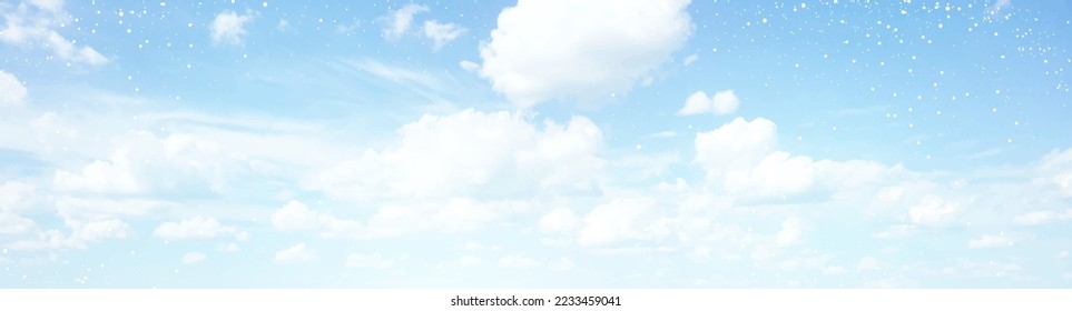 Angelic heaven clouds vector design background. Winter fairytale backdrop. Plane sky view with white stars. Watercolor frozen style texture. Delicate card. Elegant decoration. Fantasy pastel color