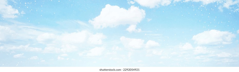 Angelic heaven clouds vector design background. Winter fairytale backdrop. Plane sky view with white stars. Watercolor frozen style texture. Delicate card. Elegant decoration. Fantasy pastel color