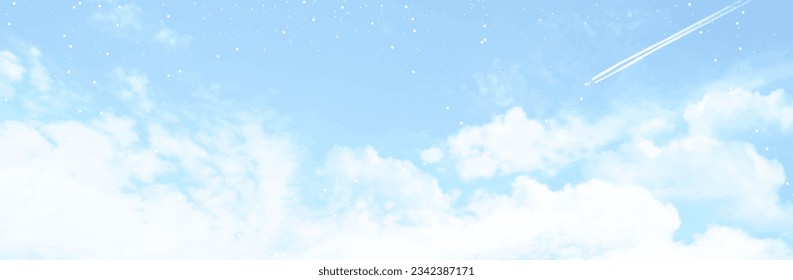 Angelic heaven clouds vector design background. Winter fairytale backdrop. Plane sky view with white stars. Watercolor frozen style texture. Delicate card. Elegant decoration. Fantasy pastel color