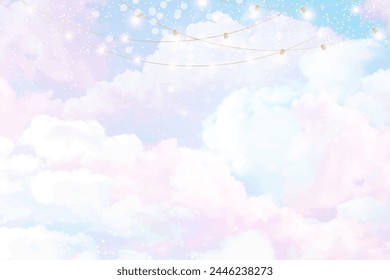 Angelic heaven clouds vector design backgrounds. Winter fairytale backdrops. Plane sky view with white snow. Watercolor frozen style texture. Lights garland. Elegant decoration. Fantasy pastel color