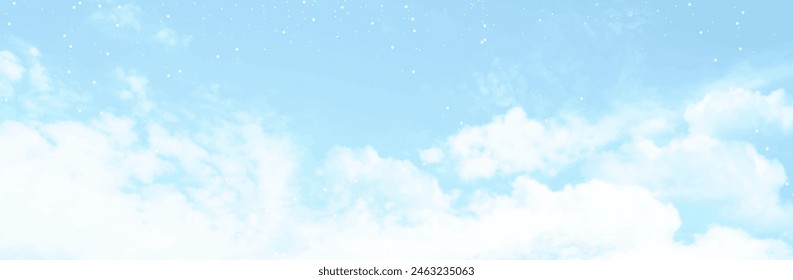 Angelic heaven clouds vector design background. Winter fairytale backdrop. Plane sky view with white stars. Watercolor frozen style texture. Delicate card. Elegant decoration. Fantasy pastel color