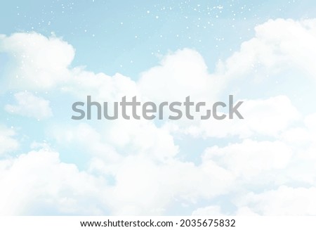 Angelic heaven clouds vector design background. Winter fairytale backdrop. Plane sky view with white snow. Watercolor frozen style texture. Delicate card. Elegant decoration. Fantasy pastel color