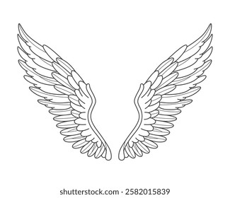 Angelic isolated wings. Vector element for birds or flying animal. Celestial or airy feather emblem. Contour or outline shape for divine or spiritual tattoo. Inspiration and freedom, flight icon.