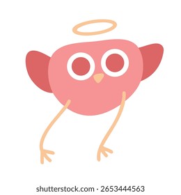 Galinha vermelha angélica batendo asas e voando no céu. Ilustração de vetor aviário de desenho animado de pássaro anjo com halo dourado flutuante. Cor plana e design minimalista. Fundo branco isolado.
