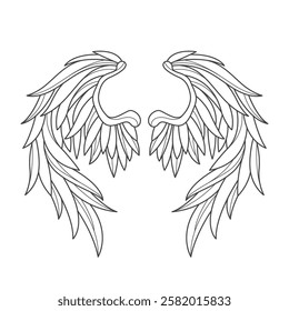 Angelic wings or bird feather contour. Vector outline element for heraldic medieval sign. Shape drawing for animal element. Hawk and phoenix, eagle and angelic tattoo. Mascot design. Flight symbol.