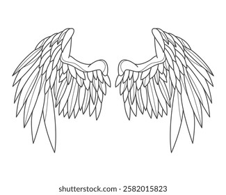 Angelic wings contour or angel feather outline. Vector element for sacred or divine, heavenly or spiritual sign. Symbol or mascot for freedom and flight. Phoenix or hawk feather. Air and fly theme.