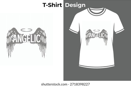 Ilustración vectorial de la camiseta de la tipografía de las alas angélicas, diseño del texto de la fantasía con las plumas para el cielo, el espíritu, y conceptos puros de la belleza.