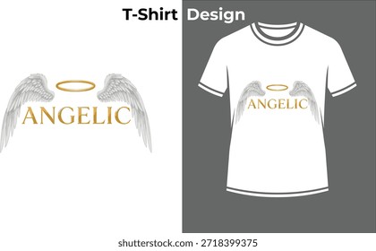 Alas angélicas tipografia t-shirt vetor ilustração, projeto de texto de ouro com penas para o céu, espírito santo, e temas de beleza divina.