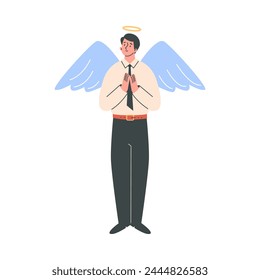 Angel-lessman. Vector illustration depicting a handsome man in a business suit with wings and a halo. Good and bad person concept. Object on isolated background.