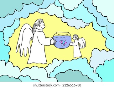Angels y angelfish, peces, ilustración vectorial en estilo de dibujos animados sobre un fondo amarillo.