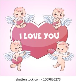 Angels babies stickers for gift on valentines day. Angels with hearts in their hands. Postcard and declaration of love