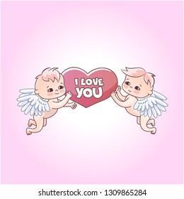 Angels babies stickers for gift on valentines day. Angels with hearts in their hands. Postcard and declaration of love