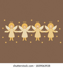 Angels in beautiful textured gold dresses. Happy children with wings hold hands. Warm colors.