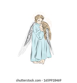 Angels boy hugs girl. Biblical heavenly symbol of people with wings. Decor for greeting retro cards for Christmas, Easter and other religious holidays. 
