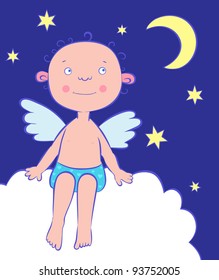 Angels boy at night under the moon. Vector illustration