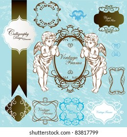 angels and calligraphic design elements in grunge background