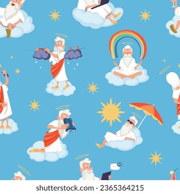 angels characters pattern. cartoon cute funny old paradise angels with wings standing clouds in sky, angelic beings concept. vector cartoon paradise characters seamless pattern.