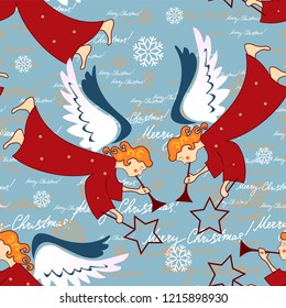 Angels. Christmas festive seamless pattern for packaging, wrappers, holidays, fabrics and light industry. Vector image.
