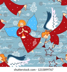 Angels. Christmas festive seamless pattern for packaging, wrappers, holidays, fabrics and light industry. Vector image.