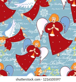Angels. Christmas festive seamless pattern for packaging, wrappers, holidays, fabrics and light industry. Vector image.