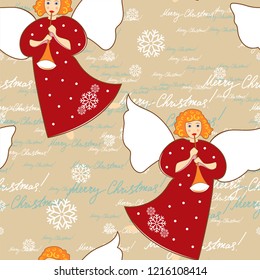 Angels. Christmas festive seamless pattern for packaging, wrappers, holidays, fabrics and light industry. Vector image.