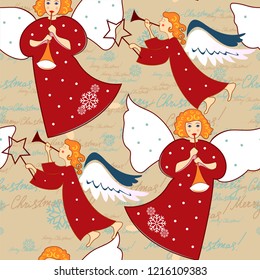 Angels. Christmas festive seamless pattern for packaging, wrappers, holidays, fabrics and light industry. Vector image.