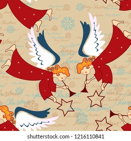 Angels. Christmas festive seamless pattern for packaging, wrappers, holidays, fabrics and light industry. Vector image.