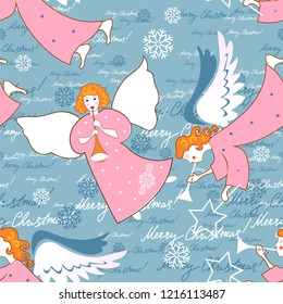 Angels. Christmas festive seamless pattern for packaging, wrappers, holidays, fabrics and light industry. Vector image.