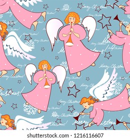 Angels. Christmas festive seamless pattern for packaging, wrappers, holidays, fabrics and light industry. Vector image.