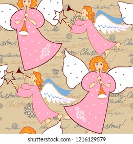 Angels. Christmas festive seamless pattern for packaging, wrappers, holidays, fabrics and light industry. Vector image.