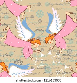 Angels. Christmas festive seamless pattern for packaging, wrappers, holidays, fabrics and light industry. Vector image.