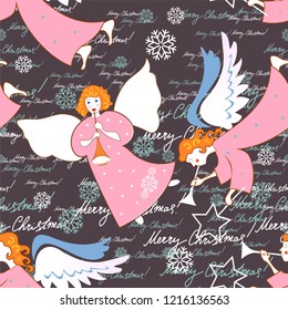 Angels. Christmas festive seamless pattern for packaging, wrappers, holidays, fabrics and light industry. Vector image.