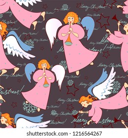 Angels. Christmas festive seamless pattern for packaging, wrappers, holidays, fabrics and light industry. Vector image.