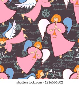Angels. Christmas festive seamless pattern for packaging, wrappers, holidays, fabrics and light industry. Vector image.