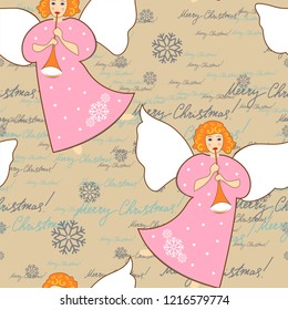 Angels. Christmas festive seamless pattern for packaging, wrappers, holidays, fabrics and light industry. Vector image.
