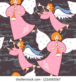 Angels. Christmas festive seamless pattern for packaging, wrappers, holidays, fabrics and light industry. Vector image.