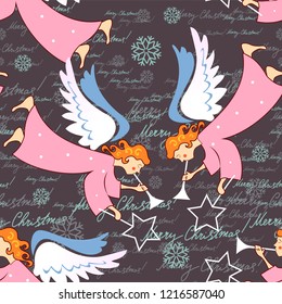 Angels. Christmas festive seamless pattern for packaging, wrappers, holidays, fabrics and light industry. Vector image.