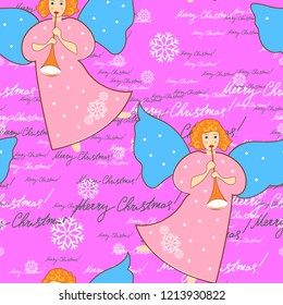 Angels. Christmas and New Year. Seamless pattern with snowflakes and handwritten text, lettering for packages, wrappers, holidays, fabrics and light industry. Vector image, background.