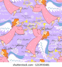 Angels. Christmas and New Year. Seamless pattern with snowflakes and handwritten text, lettering for packages, wrappers, holidays, fabrics and light industry. Vector image, background.
