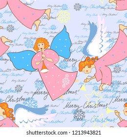 Angels. Christmas and New Year. Seamless pattern with snowflakes and handwritten text, lettering for packages, wrappers, holidays, fabrics and light industry. Vector image, background.